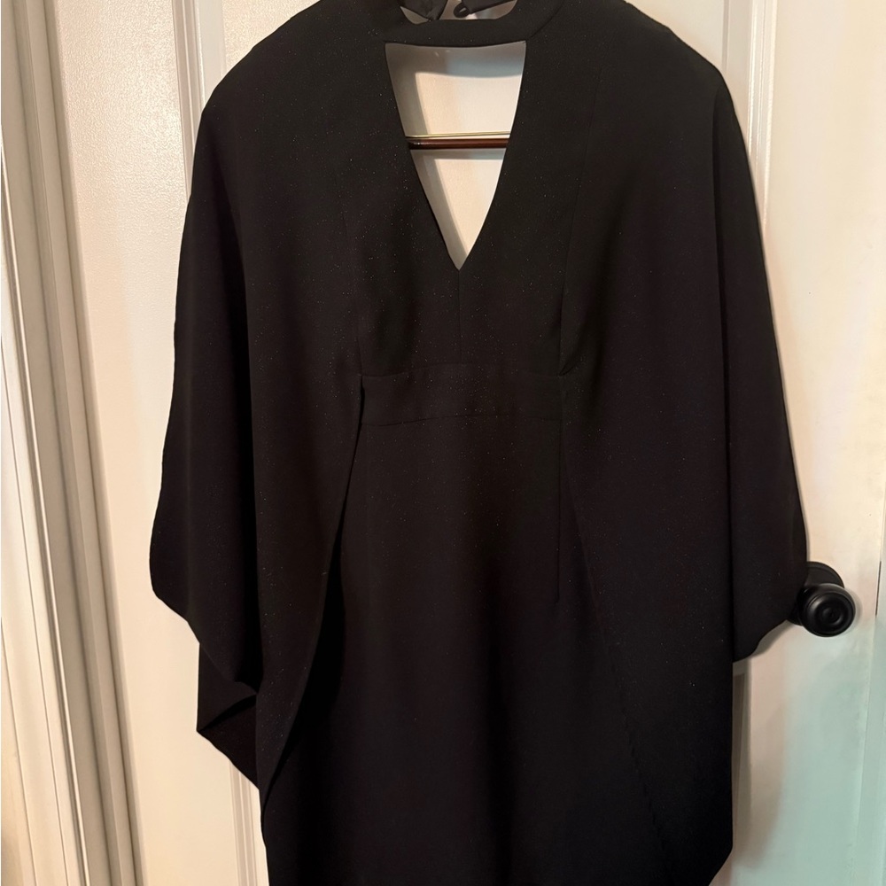 Trina Turk Elegant Black Dress, Flare Batwing hoop sleeves, metallic glow